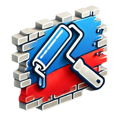 Drywall and painting services icon featuring a paint roller over a brick wall with blue and red paint.