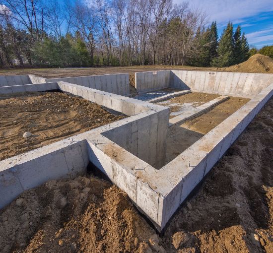 Newly poured concrete foundation under construction in Birmingham, Alabama.